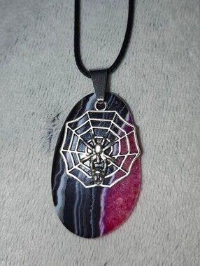 Spider Web Natural Stone Pendant Necklace on  Black Cord - Handmade Jewelry
